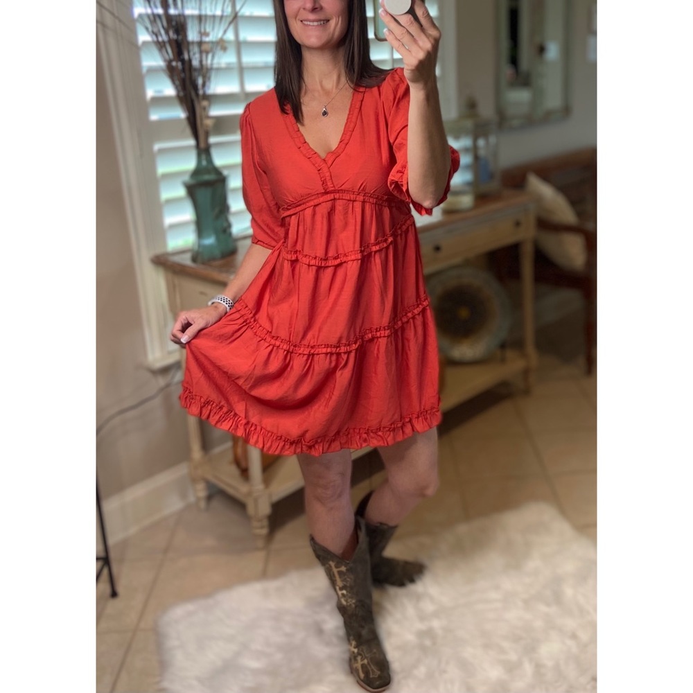 Tiered Ruffle Trim V-Neck Babydoll Rust 1821 - Picture 5 of 9